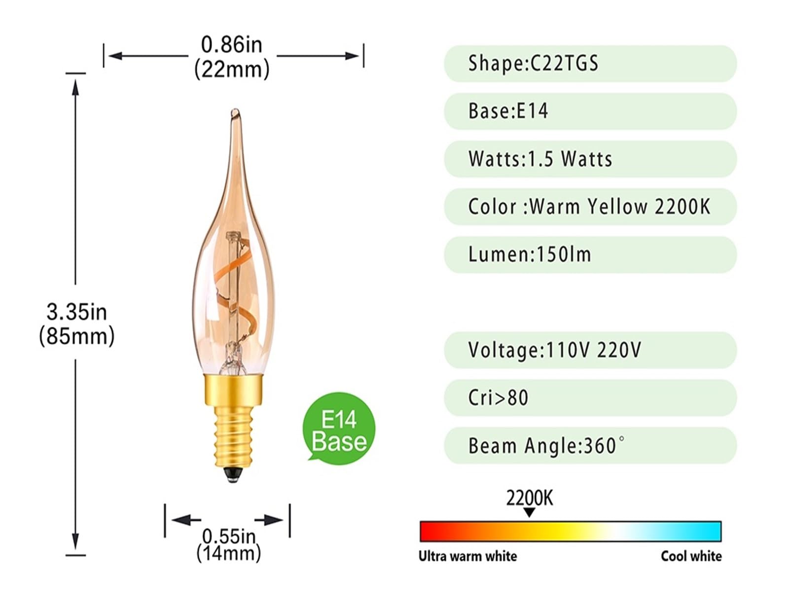 JrEam C22 Vintage Kerze Glühbirne E14 220 V 1,5 W Dimmbar 2200 K Bernstein Spiral Filament Anhänger Kronleuchter(Amber GLASS-15 PCS_E14-220V_YES_1.5W)