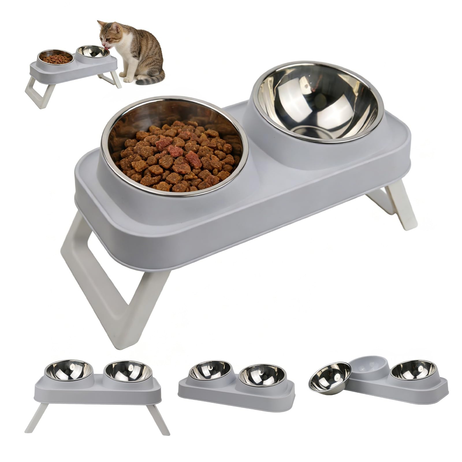 Slow Feeder Dog Bowl, Raised Dog Bowl with Stand, Elevated Pet Bowl Dog Feeding Station with Stainless Steel Dog Bowls, Anti-Choke Food Bowl for small Dogs, Cats, 15oz, Grey (2 Bowls)