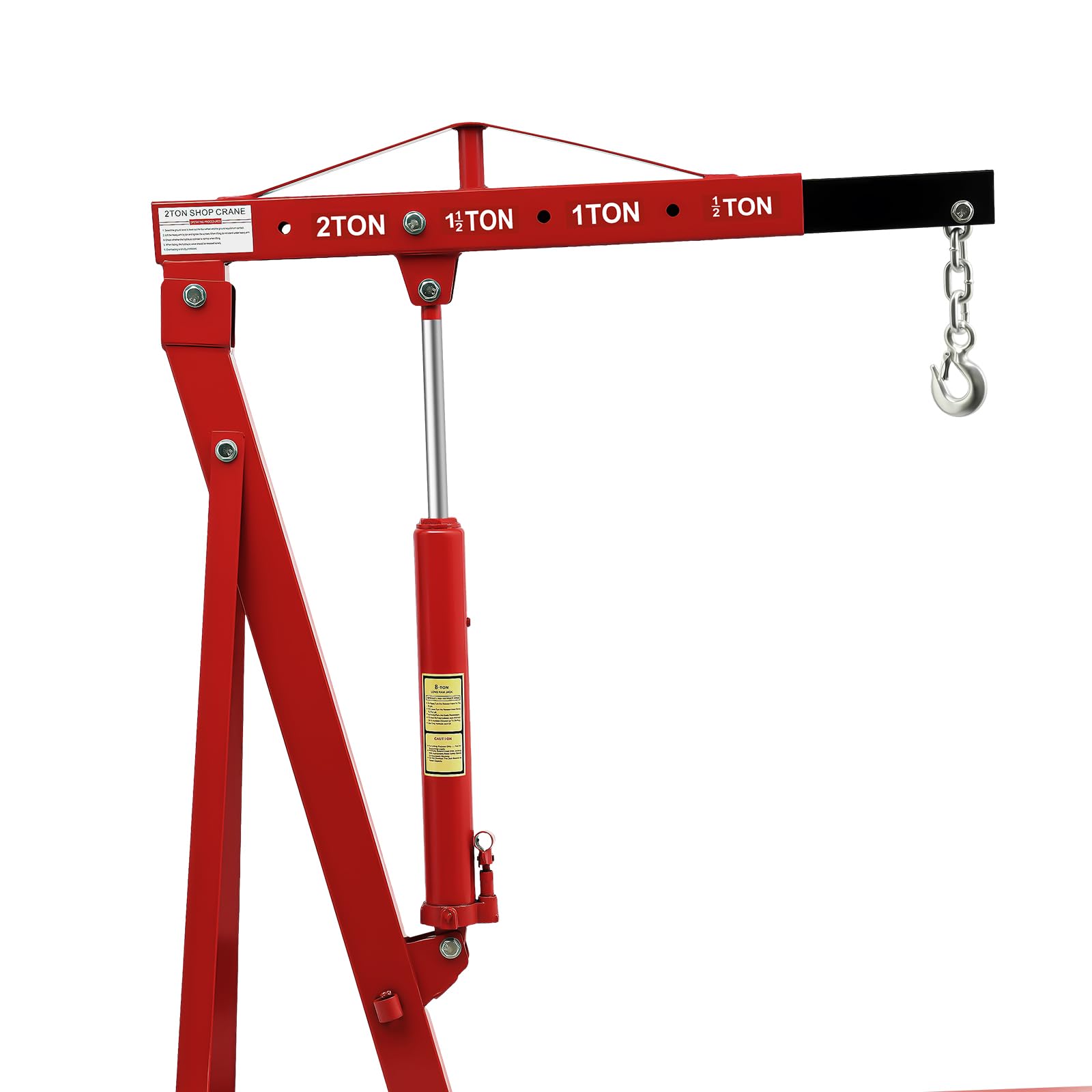 Hydraulischer Motorheber Kran 2T, klappbar, 4-Fach verstellbar, Kohlenstoffstahl-Werkstattkran mit 6 Rollen, für Motorenwechsel Autoreparatur Garage bis 6,89ft Hubhöhe(Rot)
