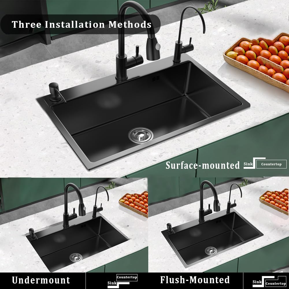 Fregadero Cocina Negro 50 x 45cm, Fregadero Cocina en Acero Inoxidable, Fregadero Bajo o Sobre Encimera Con grifo extraíble/dispensador de jabón/escurreplatos/grifo de agua purificada (Negro, 50x45cm)
