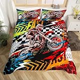 Motocross Rider Bedding Set Queen Size Kids Dirt Bike Comforter Cover Set for Boys Girls Teens Extreme Sports Motorbike Duvet Cover Cool Hexagonal Motorcycle Bedspread Cover Room Decor Quilt Cover