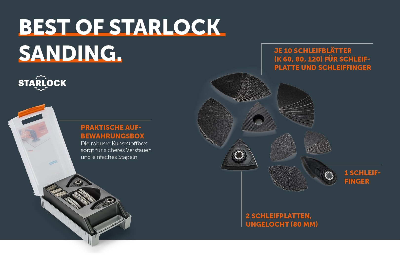 Fein Best of Starlock Sanding (63 teiliges Zubehör-Set für Multitools, Aufnahme Starlock, 2 Schleifplatten, 1 Schleiffinger, Schleifblätter K 60, 80, 120) 35222967040