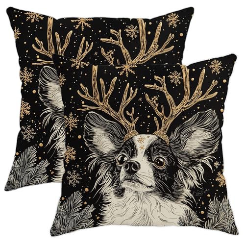 Set Of 2 Cushion Covers Christmas Papillon Dog Black Xmas Puppy Pet Plush Throw Pillow Covers Fashion Colorful Chair Pillowcases, For Bedroom, Couch, Office, 45x45cm