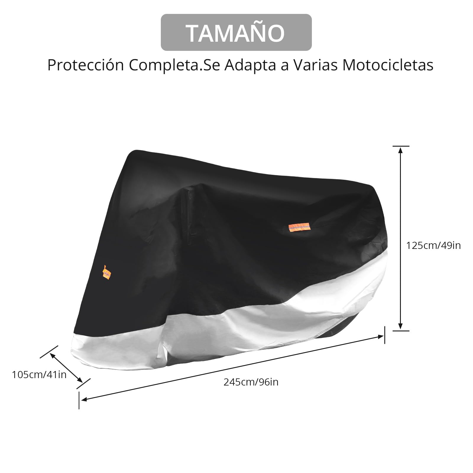 Justech Funda Moto Exterior Impermeable Poliéster 210D-Cubre Grande XXL con Bandas Reflectantes-Protección UV,Lluvia,Nieve para Motocicleta Off-Road/Deportivas/Calle 245 * 105 * 125cm