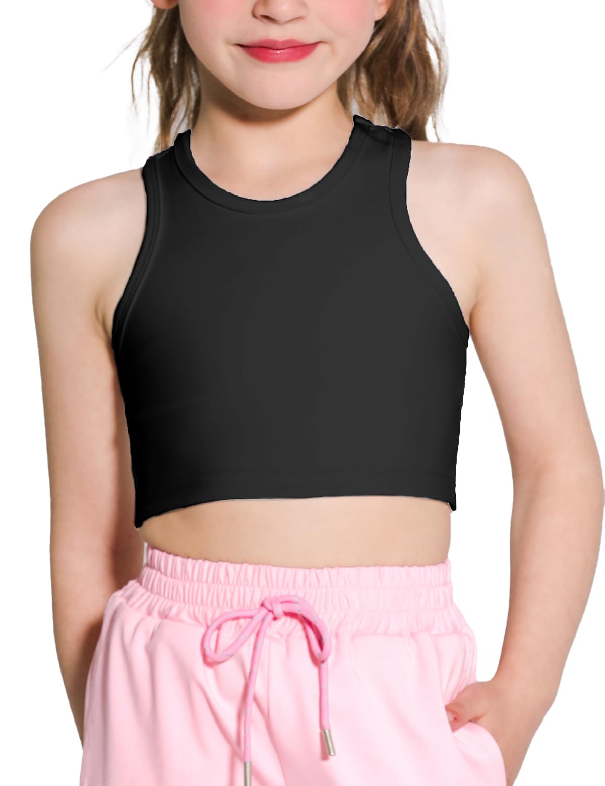 Hvididan Girls Sports Bra Racerback Crop Tank Top for Kids High Neck Sleeveless Athletic Dance Top Teen Black 7-8 Years