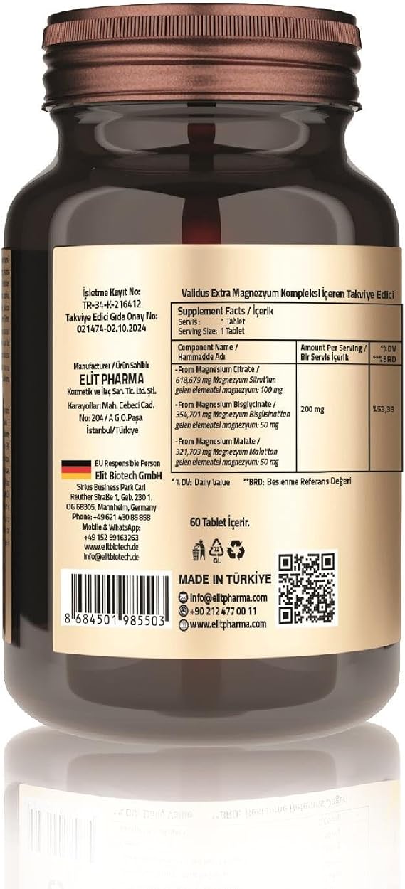 Validus Magnesium Complex Bisglycinate Citrate Malate 200 Mg 60 Tablets
