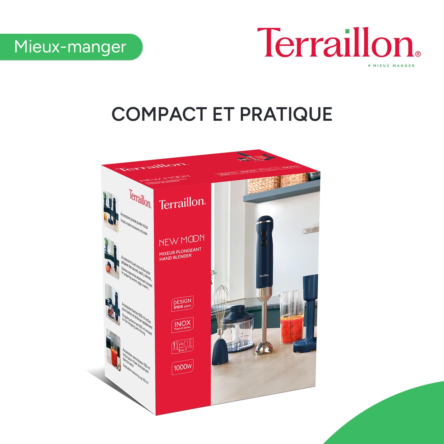 TERRAILLON - NEW MOON- Mixeur plongeant Electrique, Lames Inox, Fonction Turbo, 1000W, VItesse variable, Gobelet doseur, fouet inox, Hachoir 600 ml, Presse purée, Corps Inox peint, Bleu