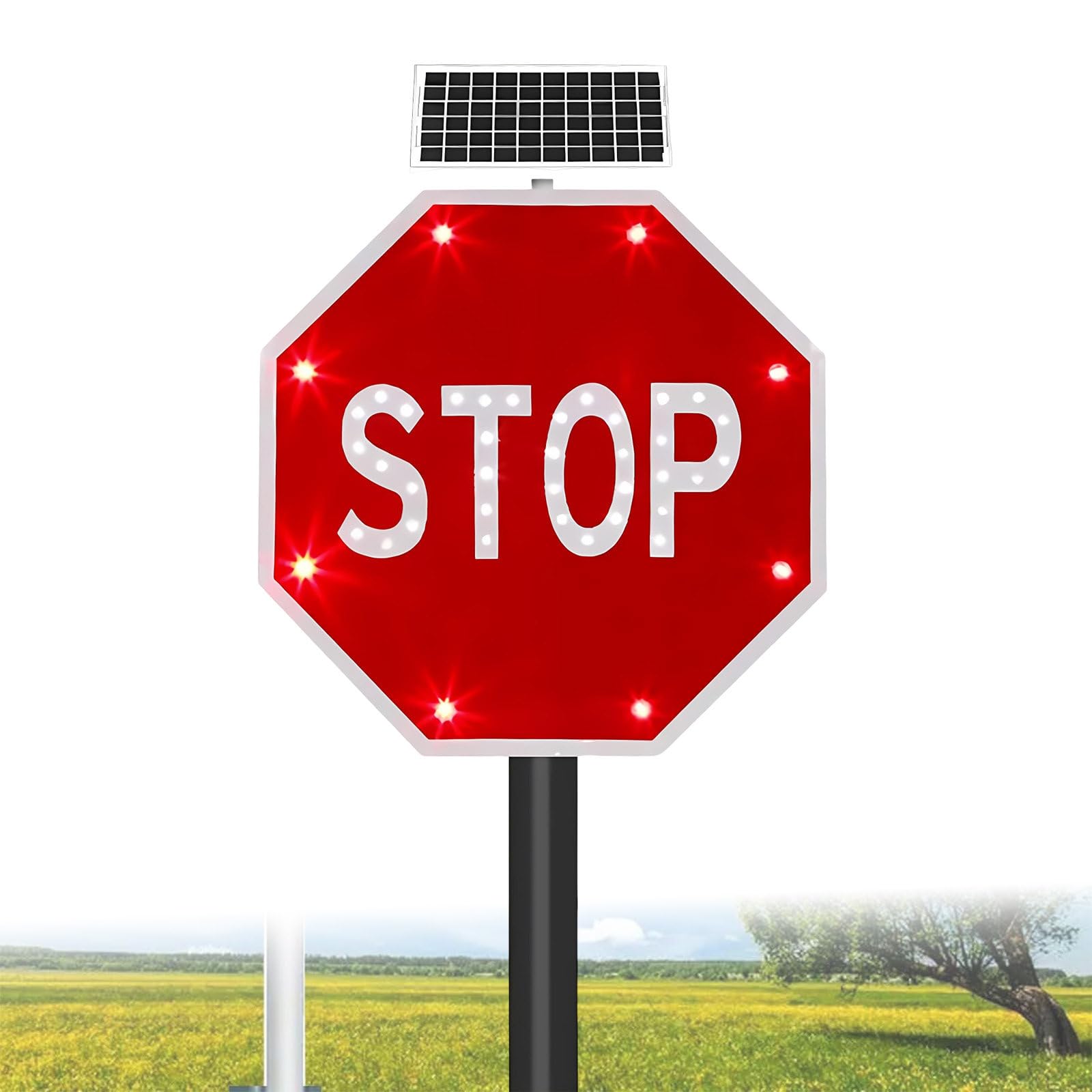 Señal De Stop LED Intermitente, Señal De Tráfico Solar Reflectante, Cartel De Seguridad Vial 24"/32" para Escuelas, Parking Y Carreteras 24in
