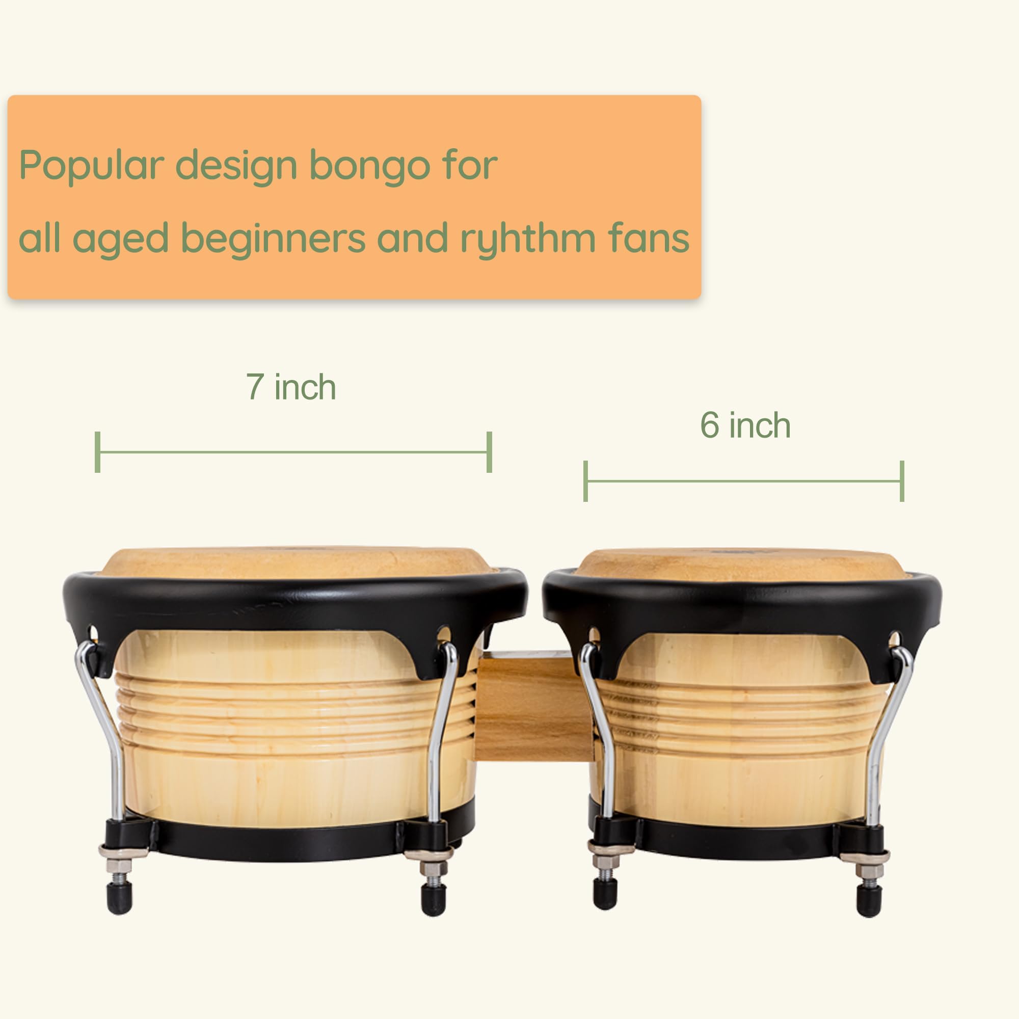 BAHAMUT Juego de batería Bongo, bongos de madera de 6 pulgadas + 7 pulgadas para adultos y niños principiantes, ideal para la educación y la práctica, viene con llave de afinación y bolsa impermeable