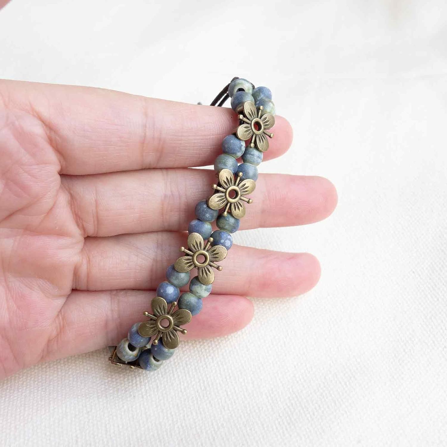 Handmade Multi Color Ceramic Beaded Bracelet with Copper Flower Design, Adjustable Boho Strand Bracelet for Women - Image 2