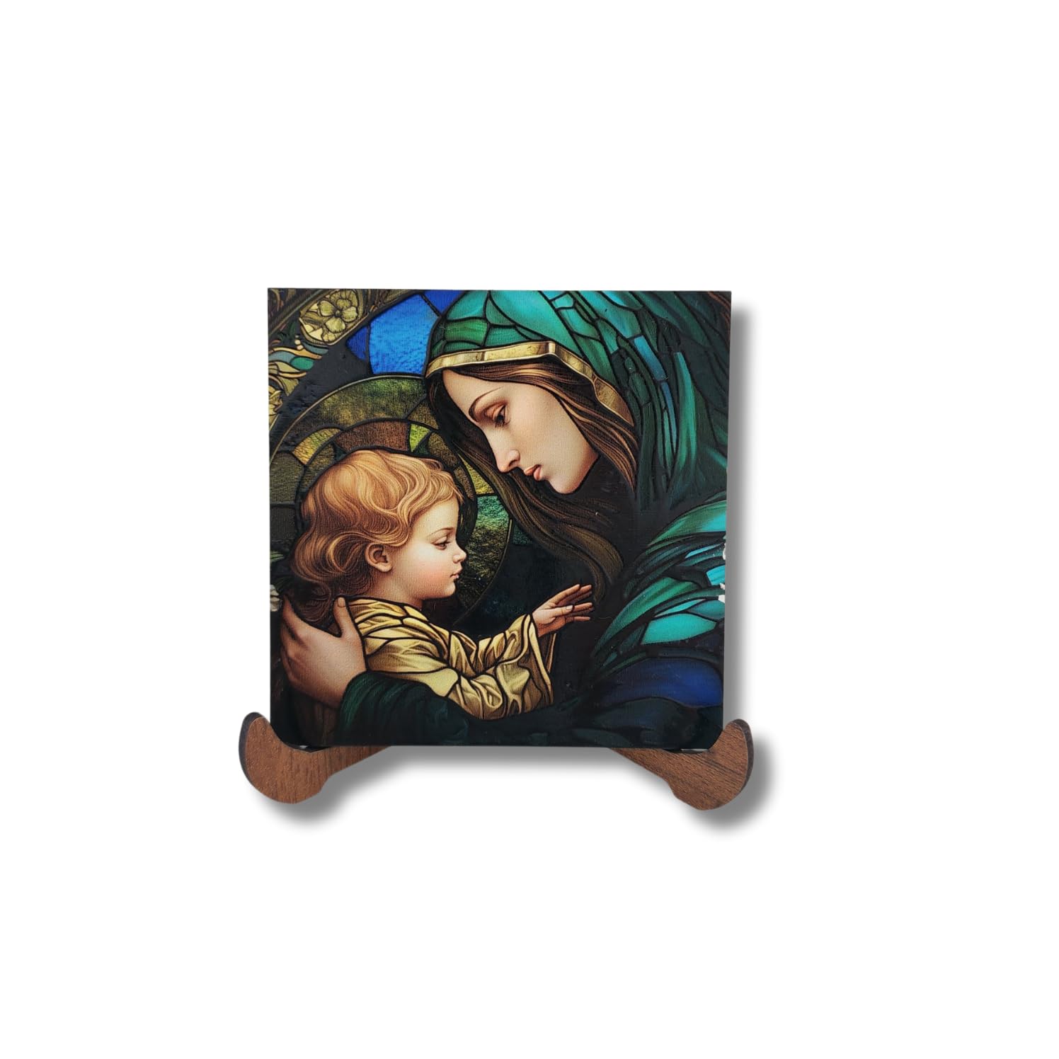 Virgin Mary and Child Jesus Stained Glass Wood Decor – 10x10 cm Religious Wooden Plaque, Christian Icon Tabletop Ornament, Spiritual Catholic Gift for Home or Office