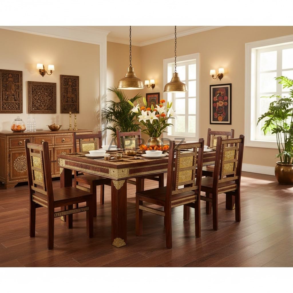 APRODZ Sheesham Wood Brass 6 Seater Dining Table Set Honey Finish-image-20