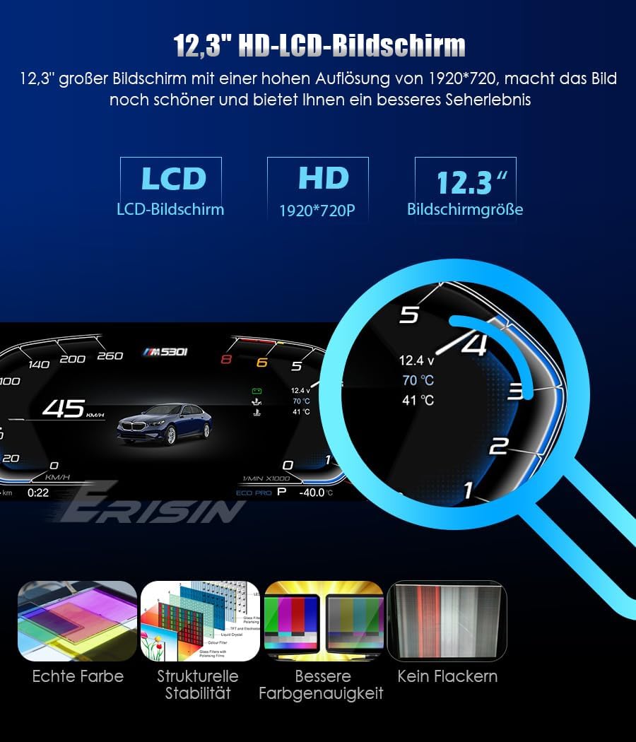 12,3" HD Digitales Kombiinstrument für BMW 3er F30 F31 F34 & 4er F32 F33 F36 (2013–2020) EVO/NBT, LCD Armaturenbrett Dashboard Display, Digitaler Tacho Cluster Ersatz, Lenkradsteuerung, 7 UI-Themen