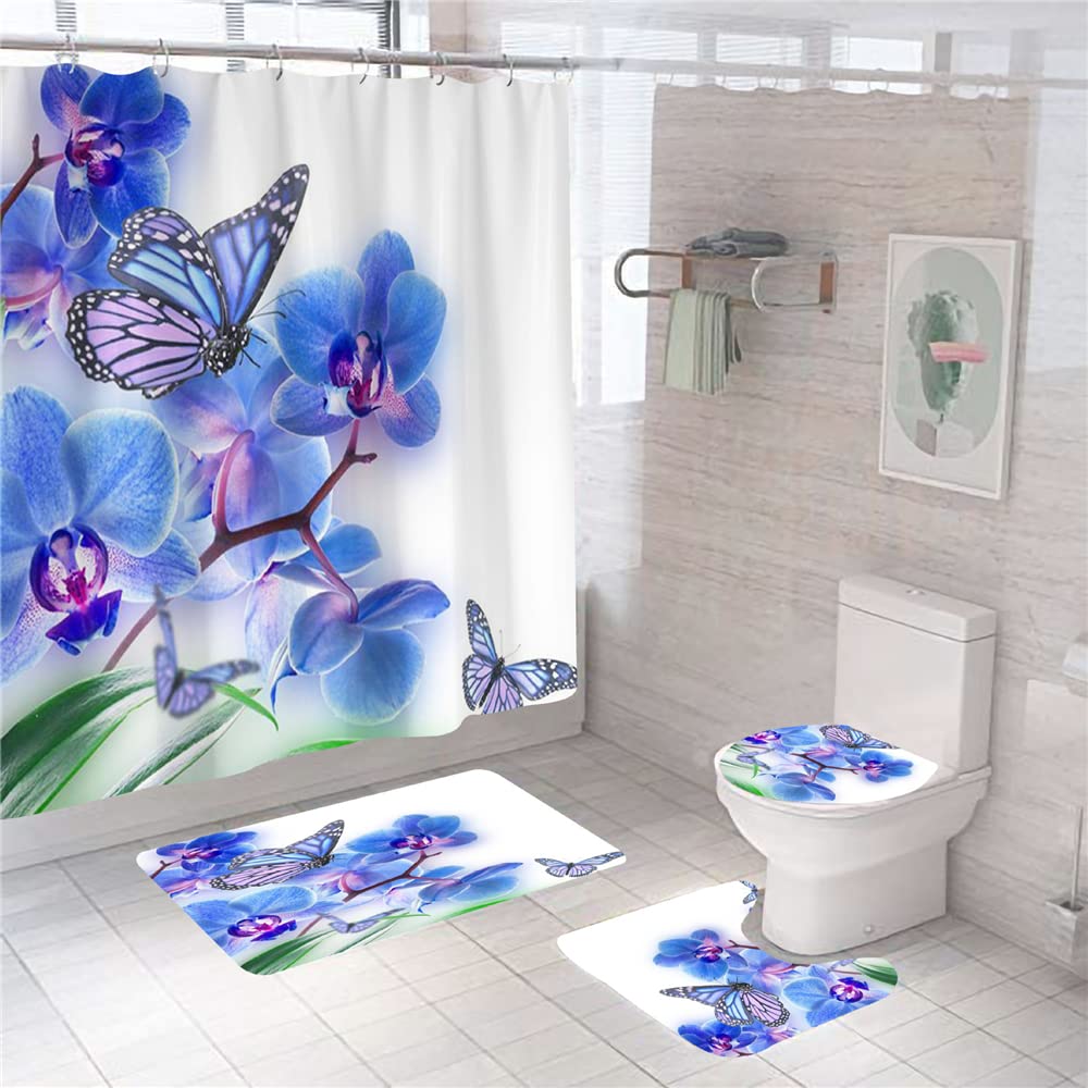 Hearda Modern 4 Piece Shower Curtain Set, 3D Butterfly Print Waterproof Fabric Bathroom Curtain Set with Hooks for Anti Slip Bathroom Rugs Set + Toilet Seat Cover +Bath Mat (4PC,Phalaenopsis)