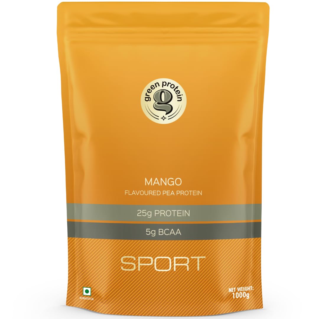 GREEN PROTEIN Sport Vegan Plant Pea Protein Isolate Powder, 25gm Protein, 5g BCAA Per Serving, No Added Sugar | Soy Free, Dairy Free, Gluten Free, Allergen Free, Mango Flavor, Standup Pouch (1kg)