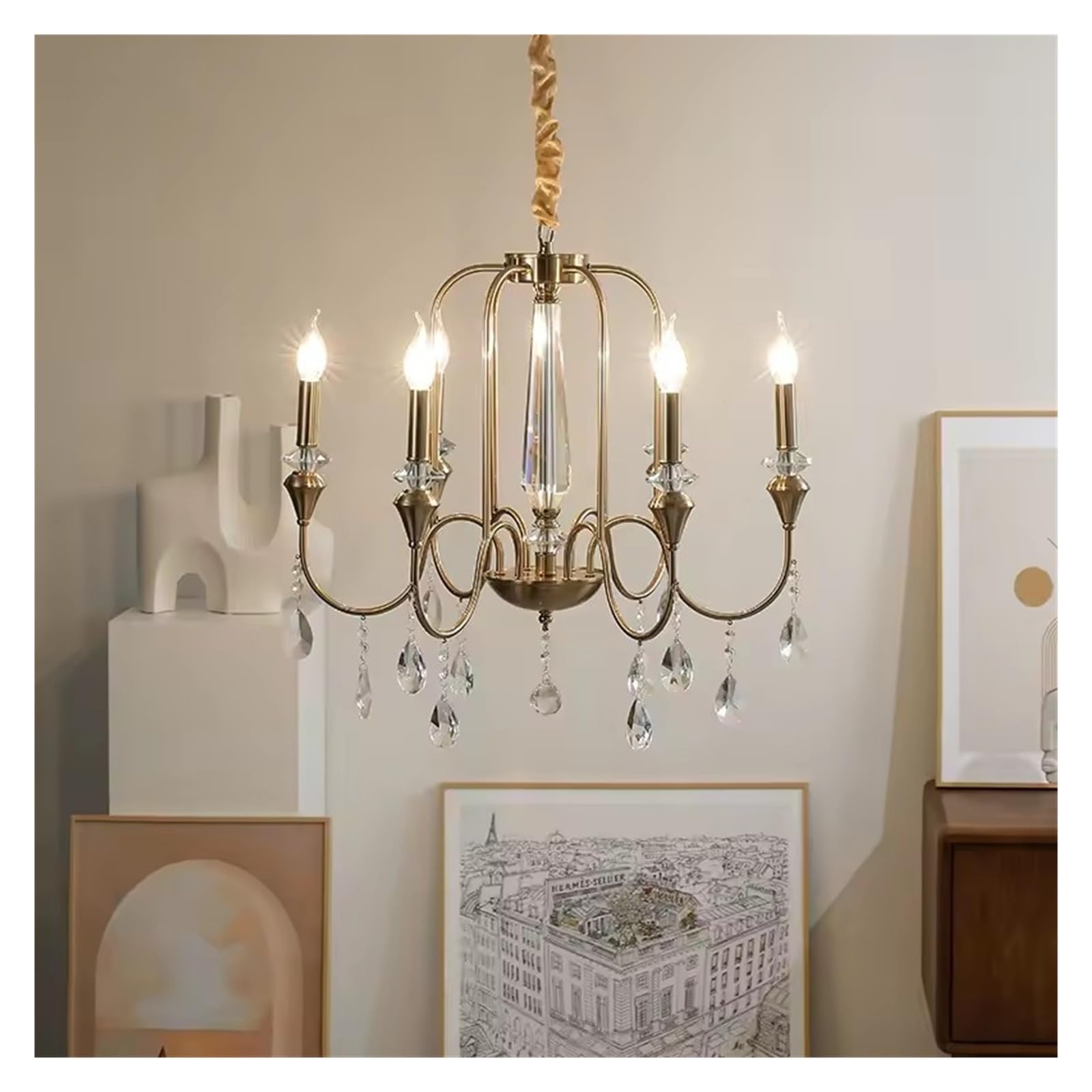 ZTCHSENZT Copper Crystal Chandelier for Living Room Bedroom Dining Room Kitchen Villa Retro Luxury Style Gold Candle Lamp Pendant Light,Cold Light-6 Head