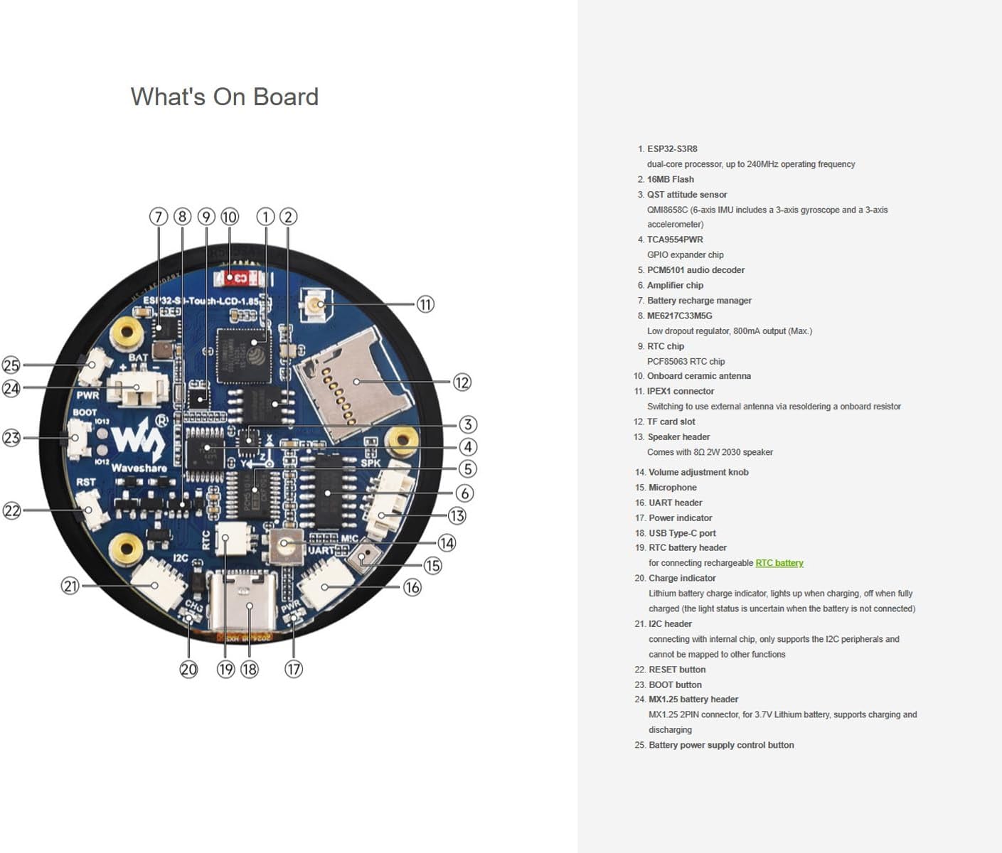 ESP32-S3 1.85inch LCD Display Development Board, 360×360 Pixel 262K Color Round LCD with ESP32-S3, Supports Wi-Fi & Bluetooth 5, Onboard Audio Decoder, Microphone, 6-Axis Sensor etc.