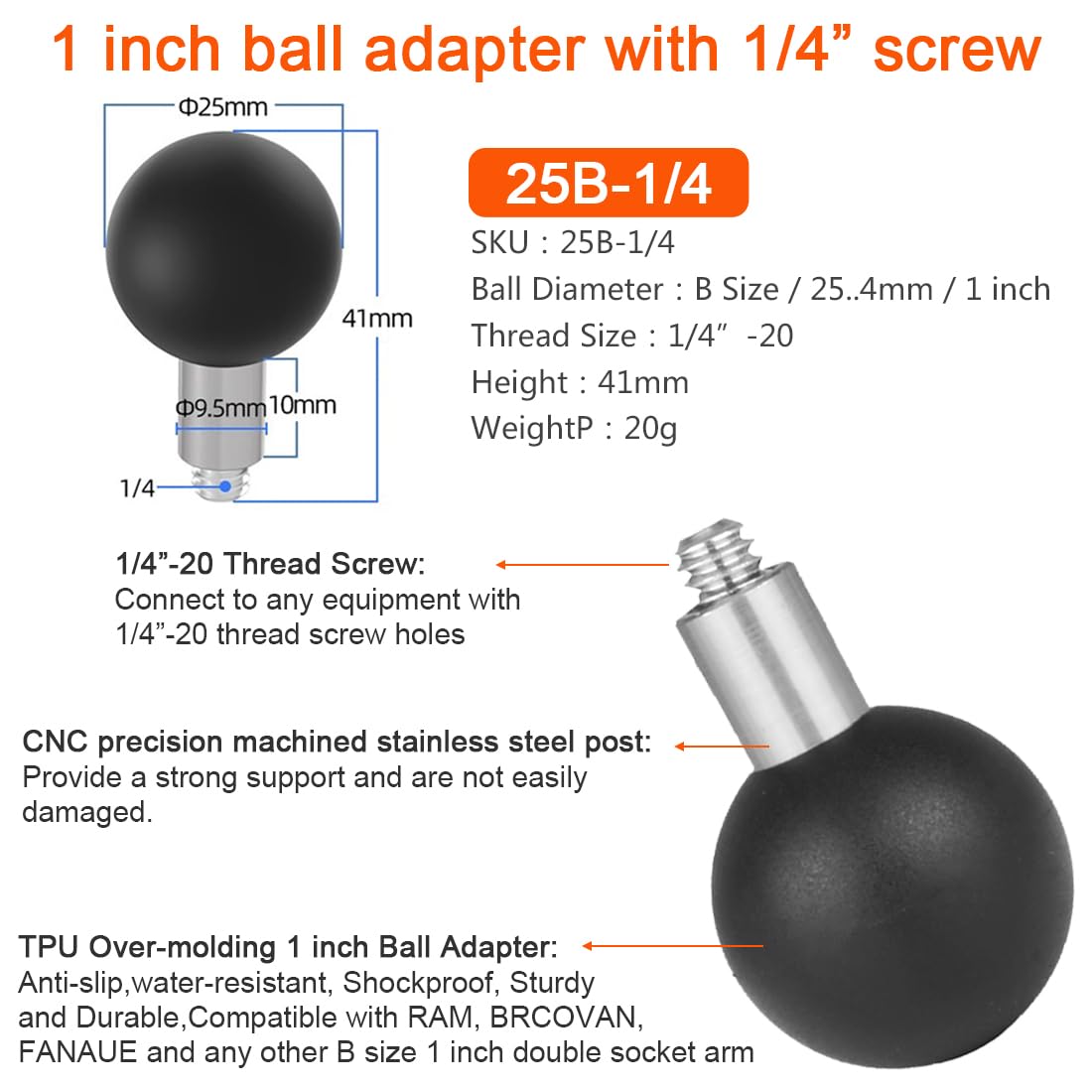 Adapter do montażu kulowego 2.5 cm z gwintem 1/10.2 cm-20 do Insta360 DJI OSMO Action Pocket3, czujniki ruchu, urządzenia, mocna kulka, kompatybilny z mocowaniami RAM, rozmiar B, podwójne gniazdo Arm1