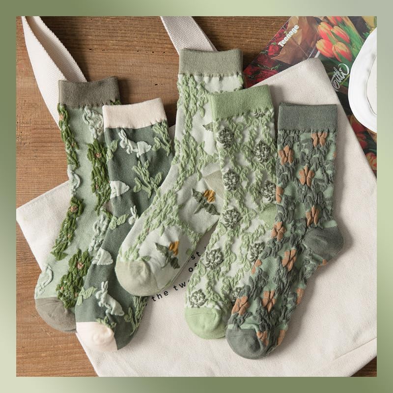 Cute Floral Socks for Womens, Vintage Embroidered Cottagecore Frilly Flower Cotton Crew Socks - Image 3