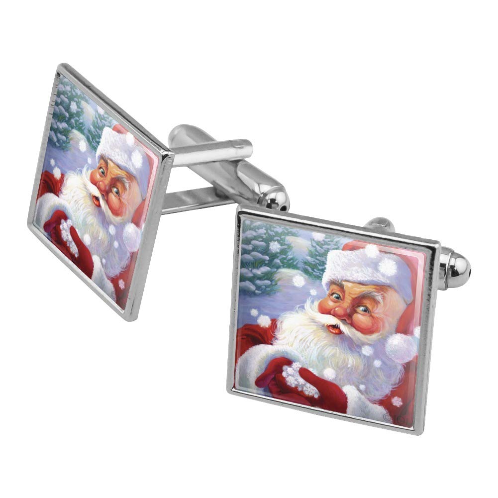 GRAPHICS & MORE Christmas Holiday Santa Catching Snowflakes Square Cufflink Set - Silver or Gold
