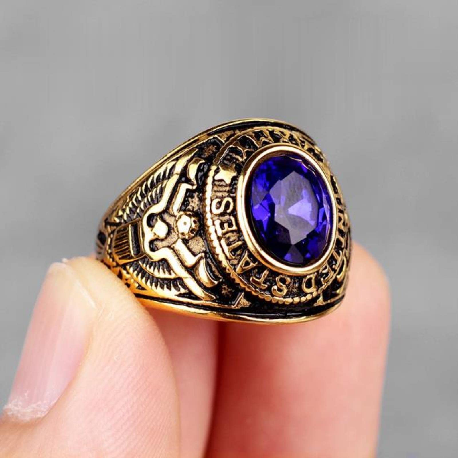 Xjruixi Men's Gold-Blue Stainless Steel Rings Rhinestone United States Army Punk Hip Hop For Biker Boyfriend Jewelry Creativity Gift Wholesale