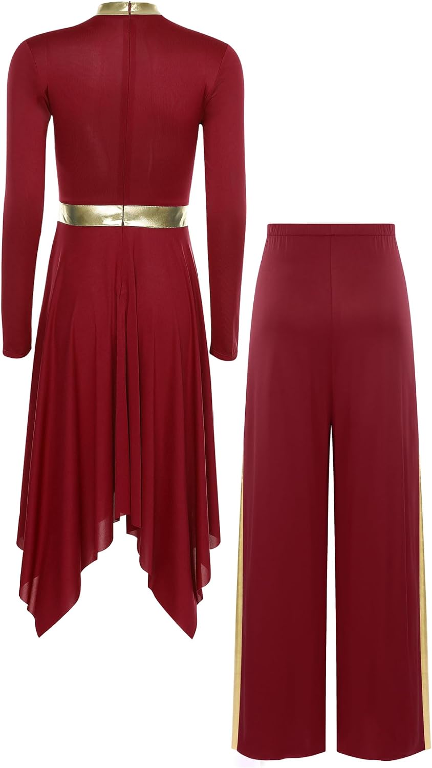 Women Mock Neck Long Sleeve Praise Dance Dress Lyrical Dance Dress Worship Tunic with Wide Leg Pants