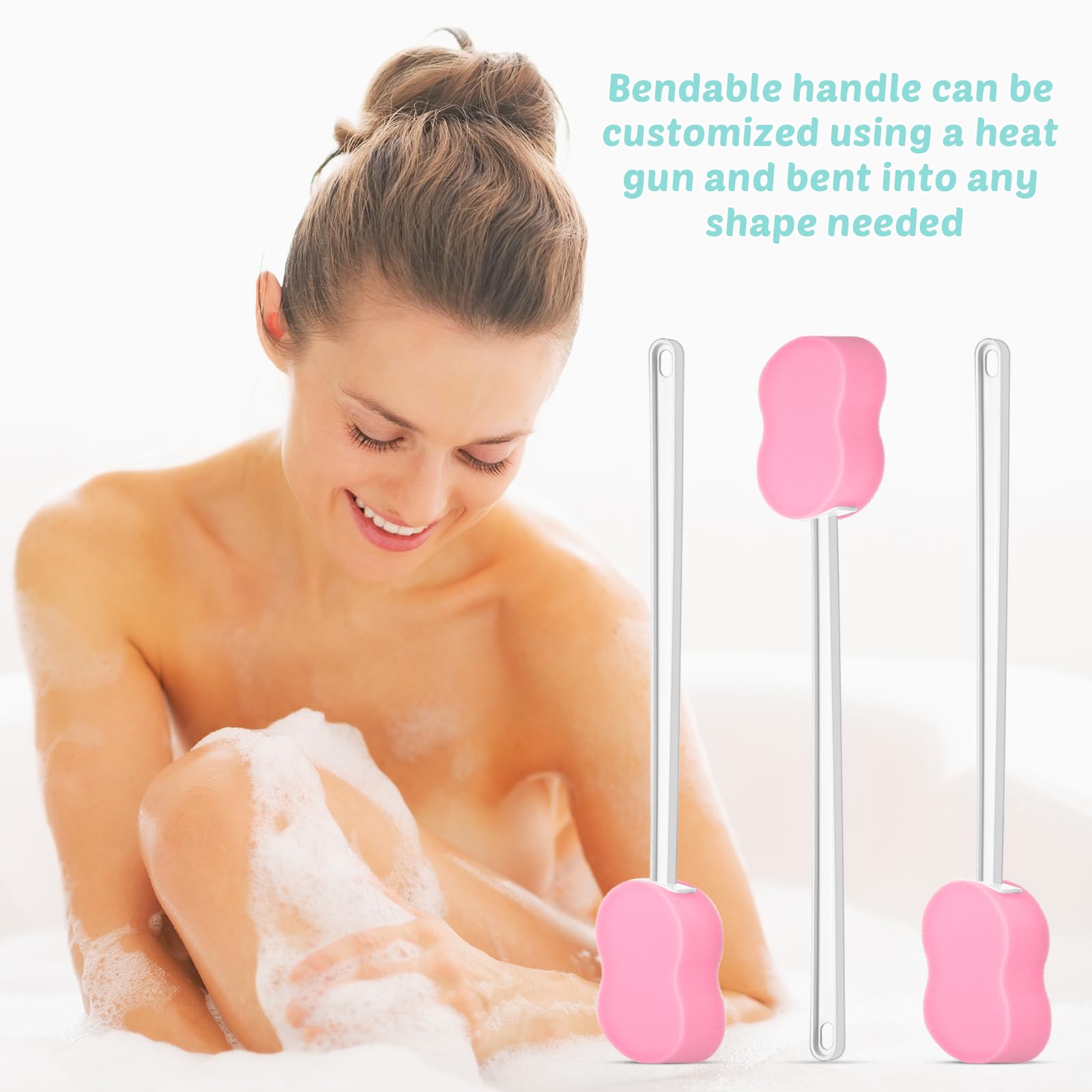 3 esponjas de mango largo de 22.4 pulgadas, esponja trasera en un cepillo corporal con mango para pies y cuerpo, movimiento limitado (rosa)