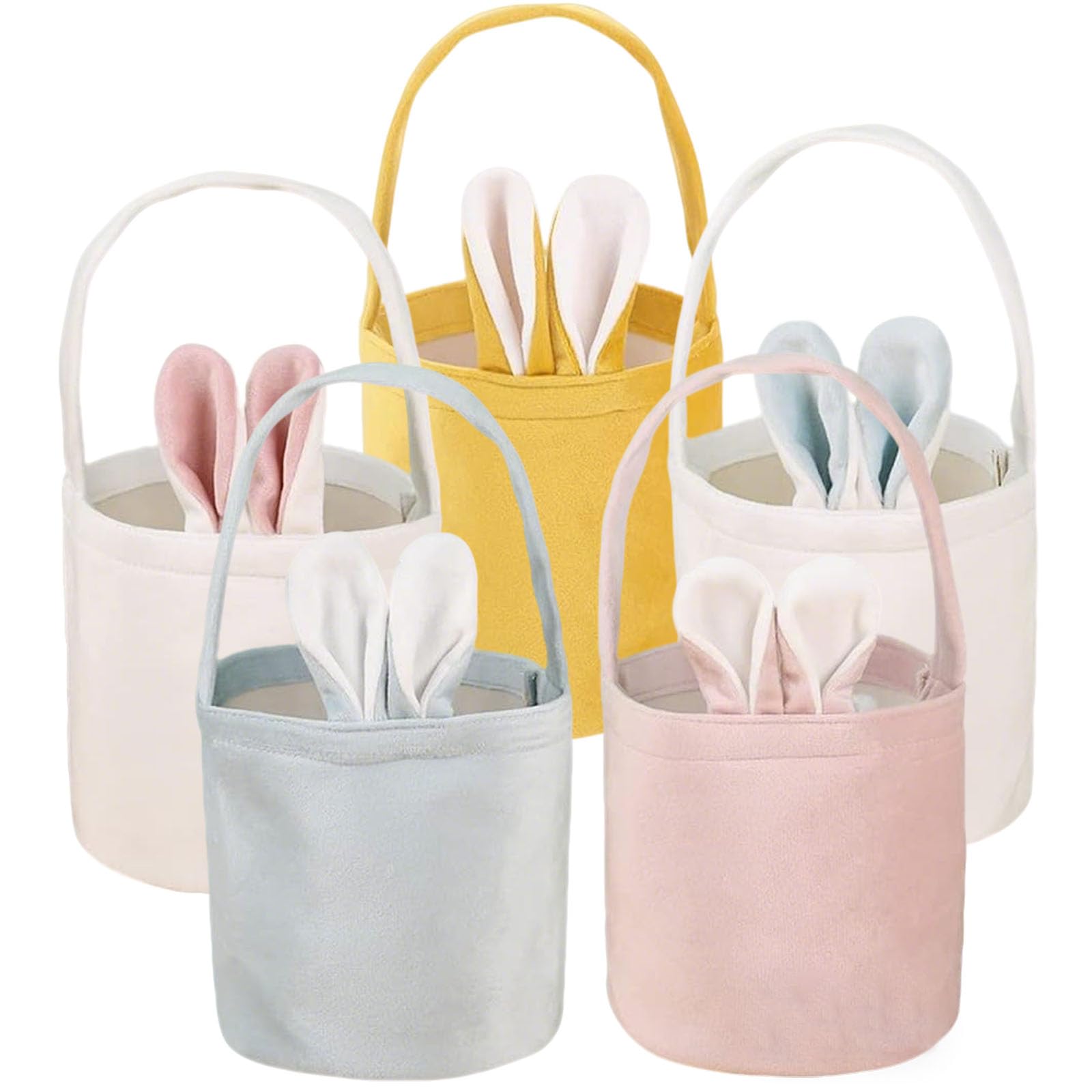 DAHI 5 PCS Bunny Easter Baskets Reusable Easter Tote Bags Easter Gift Bags with Rabbit Ears, Easter Basket Set Candy Storage Bags for Holiday Party Favors Easter Egg Hunt (5 Color)