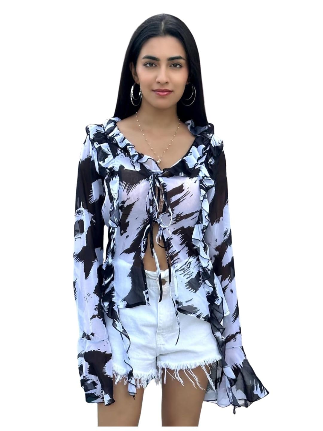 tandul Women's Printed Multicolor Georgette Top Regular Fit Flared Sleeves Top for Womens Soft & Breathable & Comfortable Outfits for Office, Casual, Festive & Party (11858)-picture-20