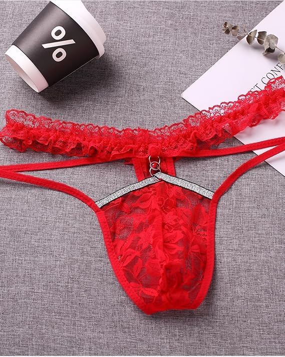 Men's Lace Frilly Sissy Panties Pouch Thong, Feminine G string Underwear For Men Sexy Gay Lingerie Crossdresser Pink - Image 5