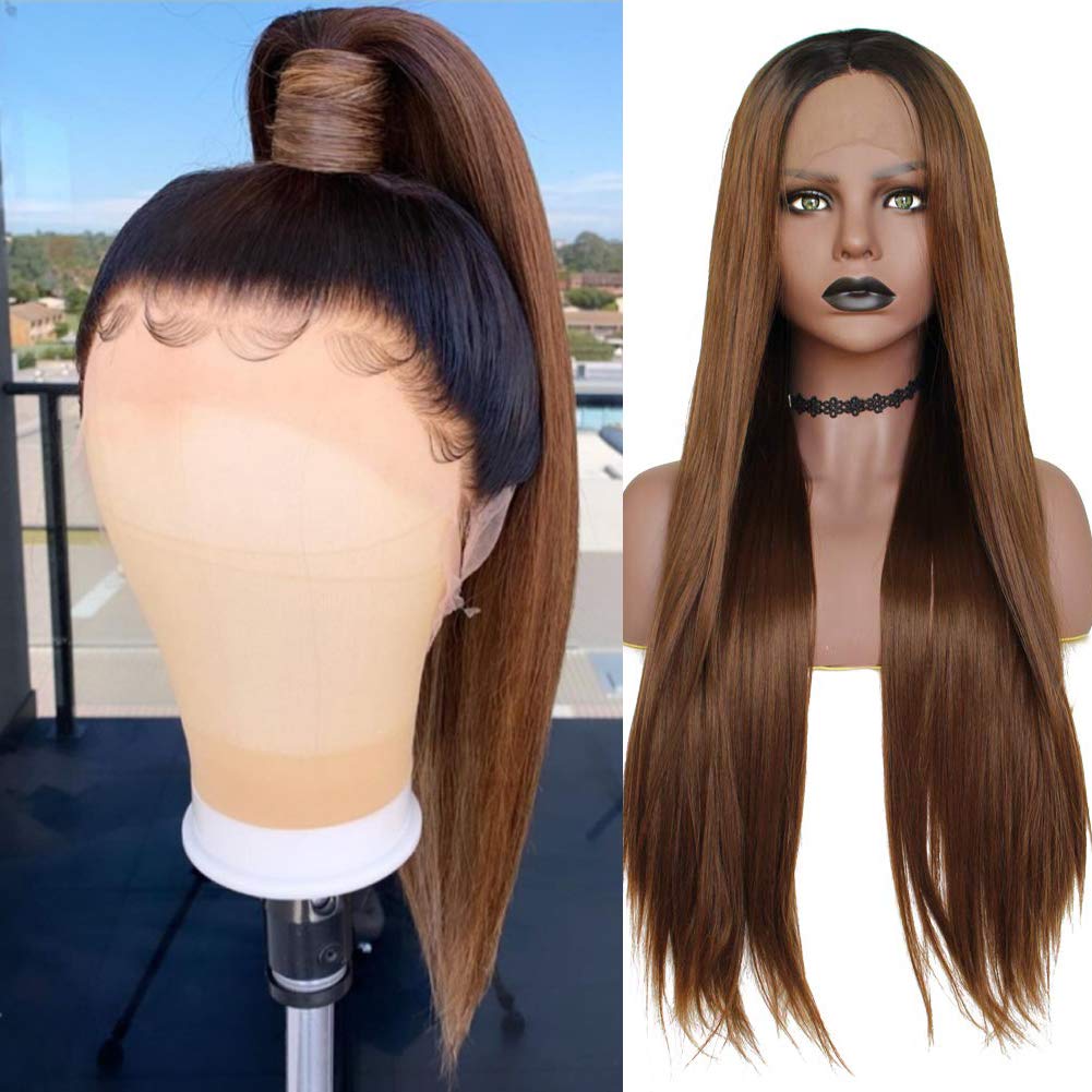 Long Natural Straight Brown Lace Front Wig with Black Roots Half Hand Tied Realistic Looking Glueless Synthetic Wigs for Women