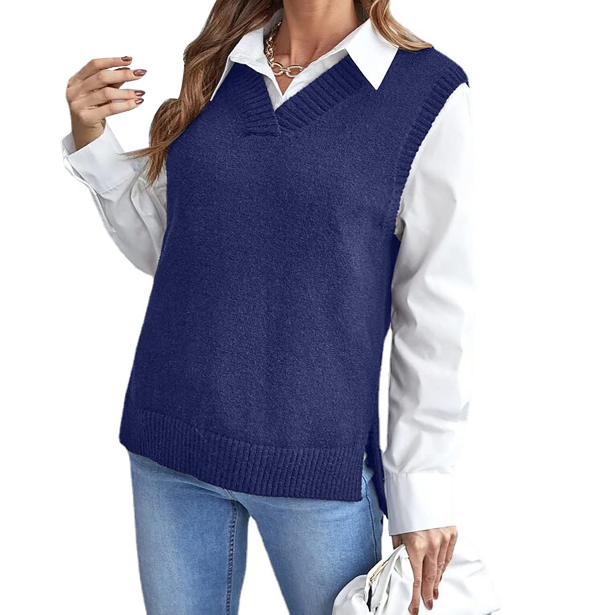MODFUL Pull en tricot sans manches avec col en V pour femme