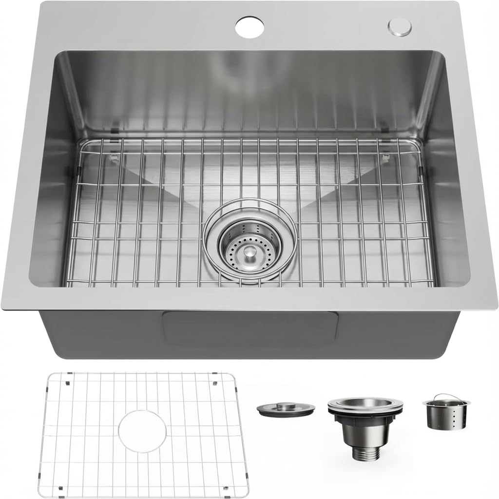 Bathenum 20" x 16" Drop in Kitchen Sink 304 Stainless Steel Single Bowl Topmount Kitchen Sink with Drain Kit and Bottom Grid, Brushed