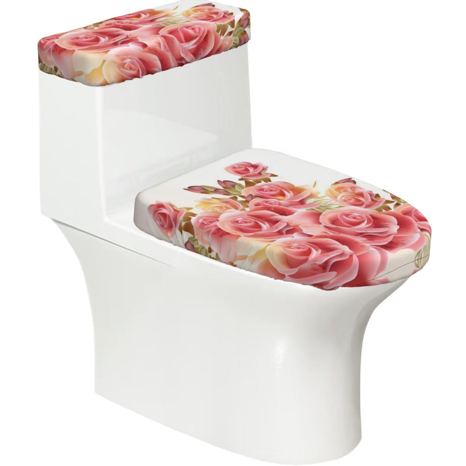 Pink Rose Blossom 2-Piece Toilet Seat Cover Set with Tank Lid - Elastic for U-Shape & Elongated - Bathroom Decor