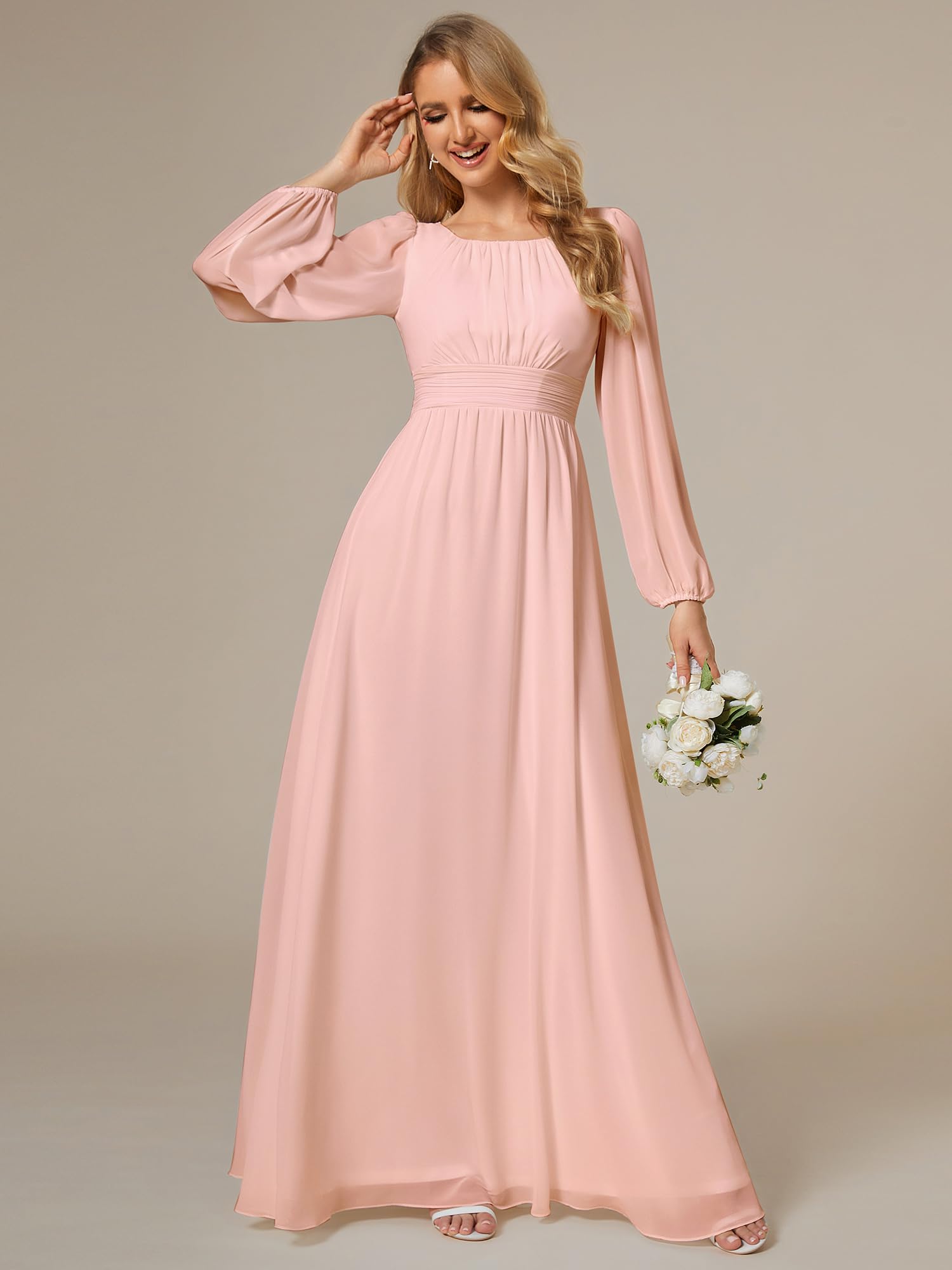 Ever-Pretty Robe formelle en mousseline plissée avec col rond et manches longues pour femme 0106B