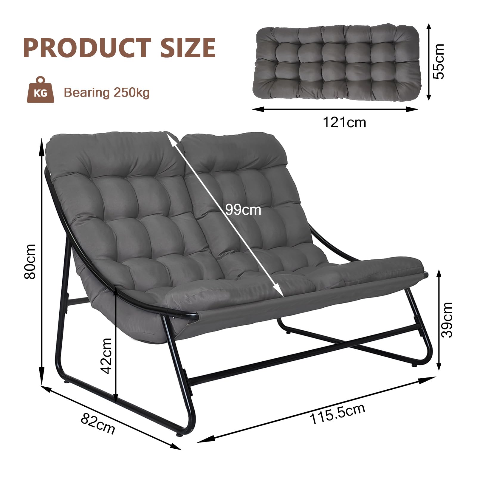 Sillón de salón para exteriores, sillón doble para exteriores, con cojín de 8 cm extraíble, tumbona de jardín para 2 personas, sillón de relax para jardín, terraza (negro/con 2 taburetes)
