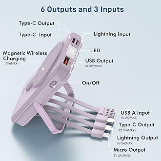 Wireless Portable Charger 10000mAh,Magnetic Power Bank with Built-in Cables LED Display,22.5W PD Fast Charging for Magsafe Battery Pack Compatible with iPhone16/15/14/13/12/Pro/Pro Max(Purple)