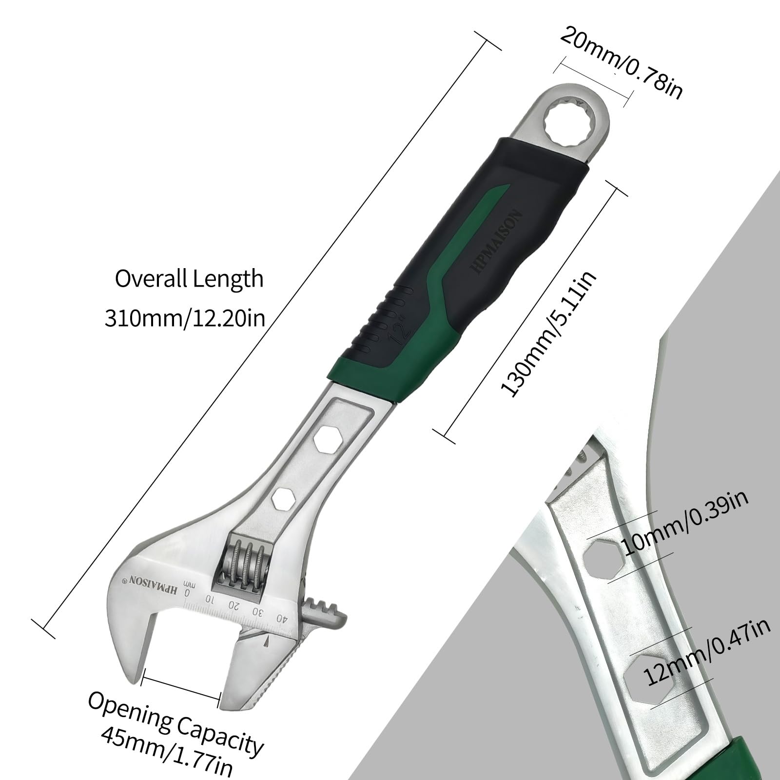 HPMAISON 12-Inch/310mm Soft Grip Adjustable Wrench with Max Opening Jaw Capacity 45mm, Premium Chrome Vanadium Steel Pipe Wrench - Image 2