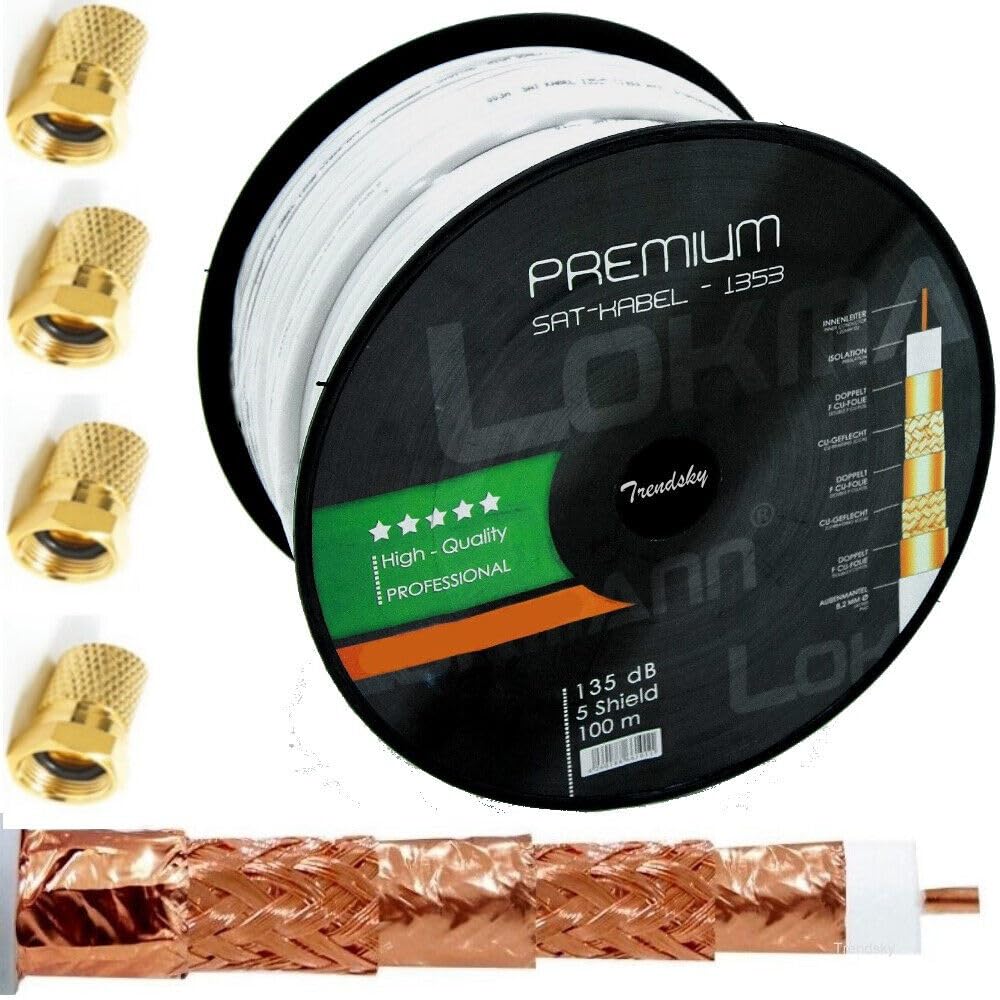 +40 F-Stecker 100m 135db 8mm Kupfer Fol. SAT KUPFER Koaxialkabel Satelliten Antennen Koax Kabel für FULL ULTRA TV, 4K UHD/8K/3D/TV, Cable