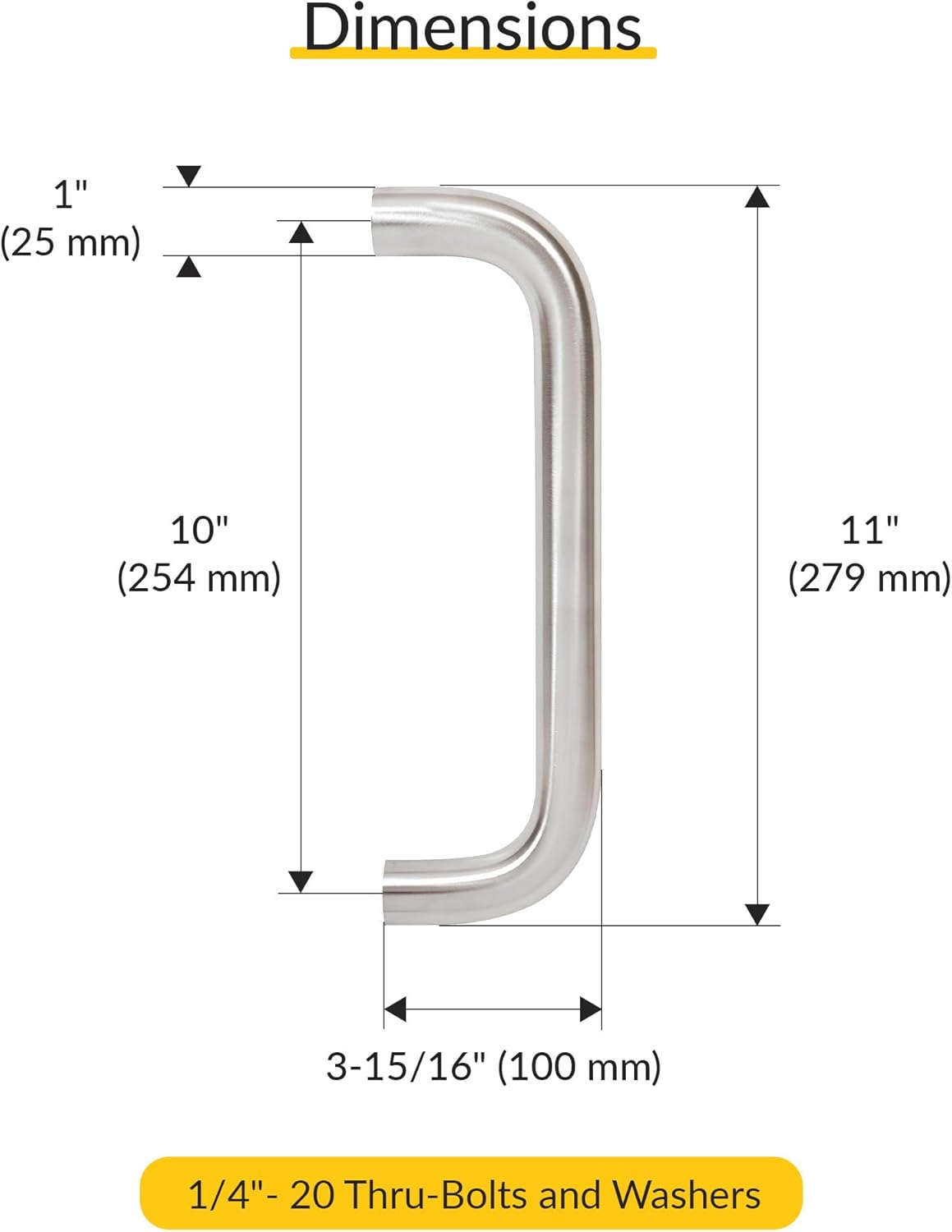 BRIXWELL Solid Pull Handle Aluminum Material, Brushed Stainless Steel Finish, 11" Length, 10" Center to Center, 1" Diameter, Single Sided Mounting, Includes 1/4"-20 Bolts and Washers