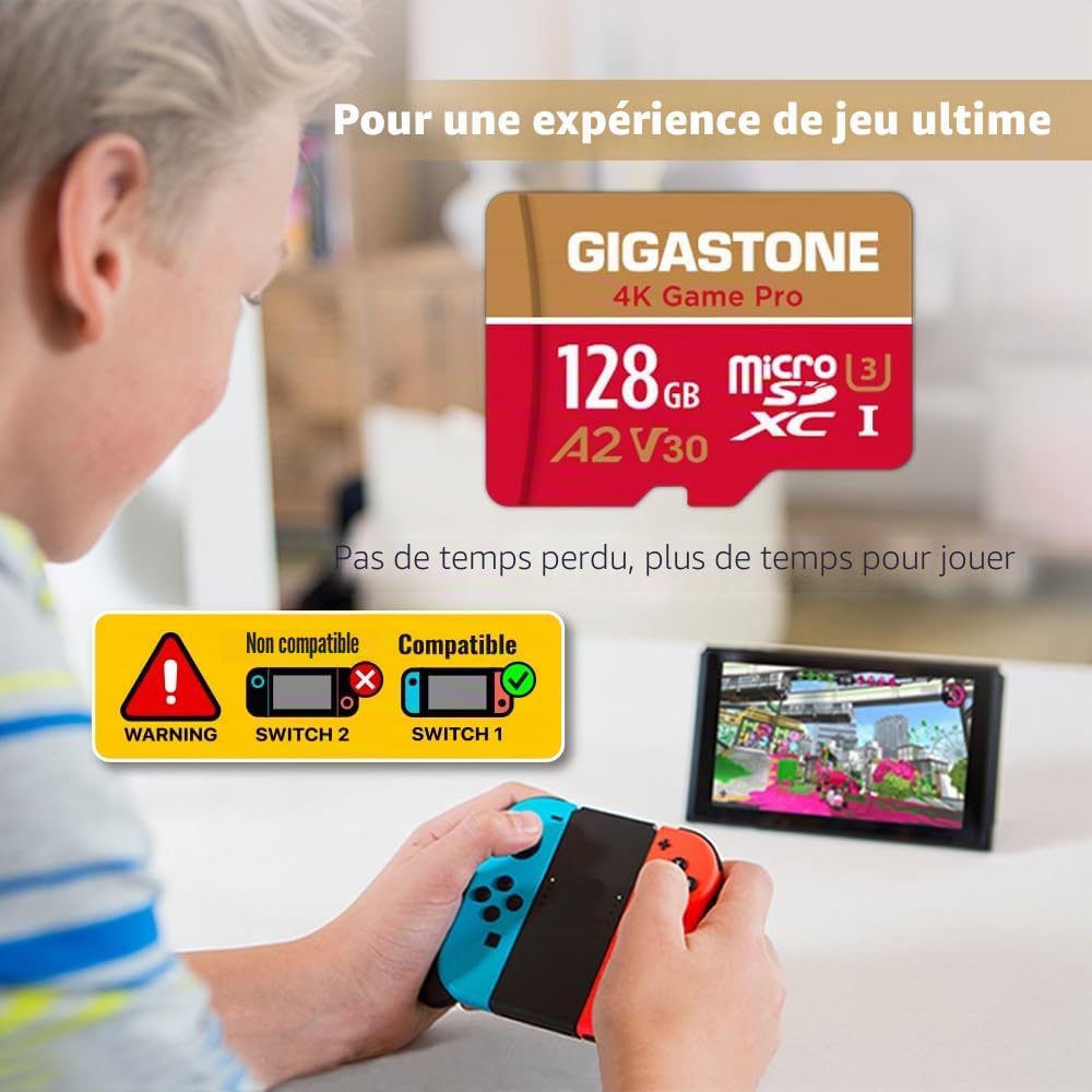 【pour Switch 1 Seulement】 GIGASTONE MicroSDXC 128 Go 2 Cartes, 4K Game Pro, Compatible avec GoPro Switch 1, Vitesse 100 Mo/s. A2 U3 V30, avec Adaptateur SD.【Récupération Gratuite 5 Ans】