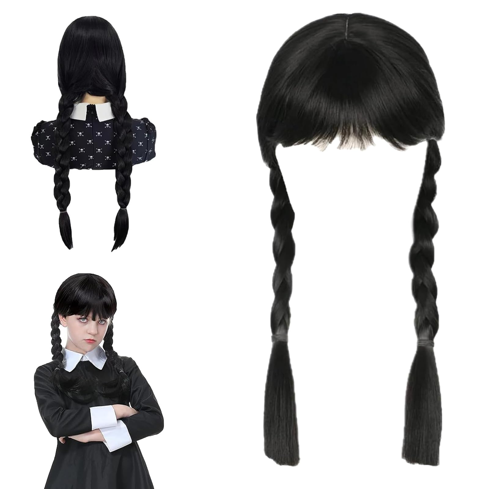 Wednesday Perücke Mit Zöpfen & Pony - Wednesday Addams Cosplay Perücke