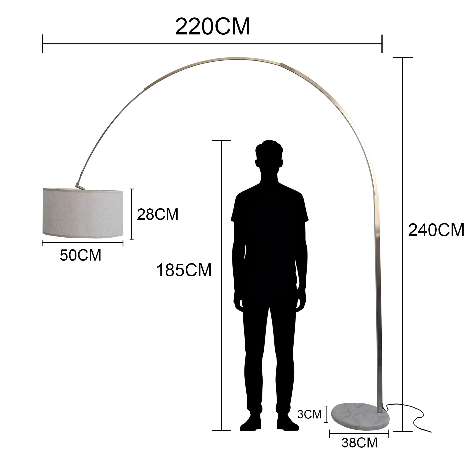Alpinaluz lampada da terra ad arco grande 240 x 220 cm, base in marmo bianco naturale, paralume in tessuto beige orientabile Ø50 cm, design moderno, attacco E27, per soggiorno e sala da pranzo