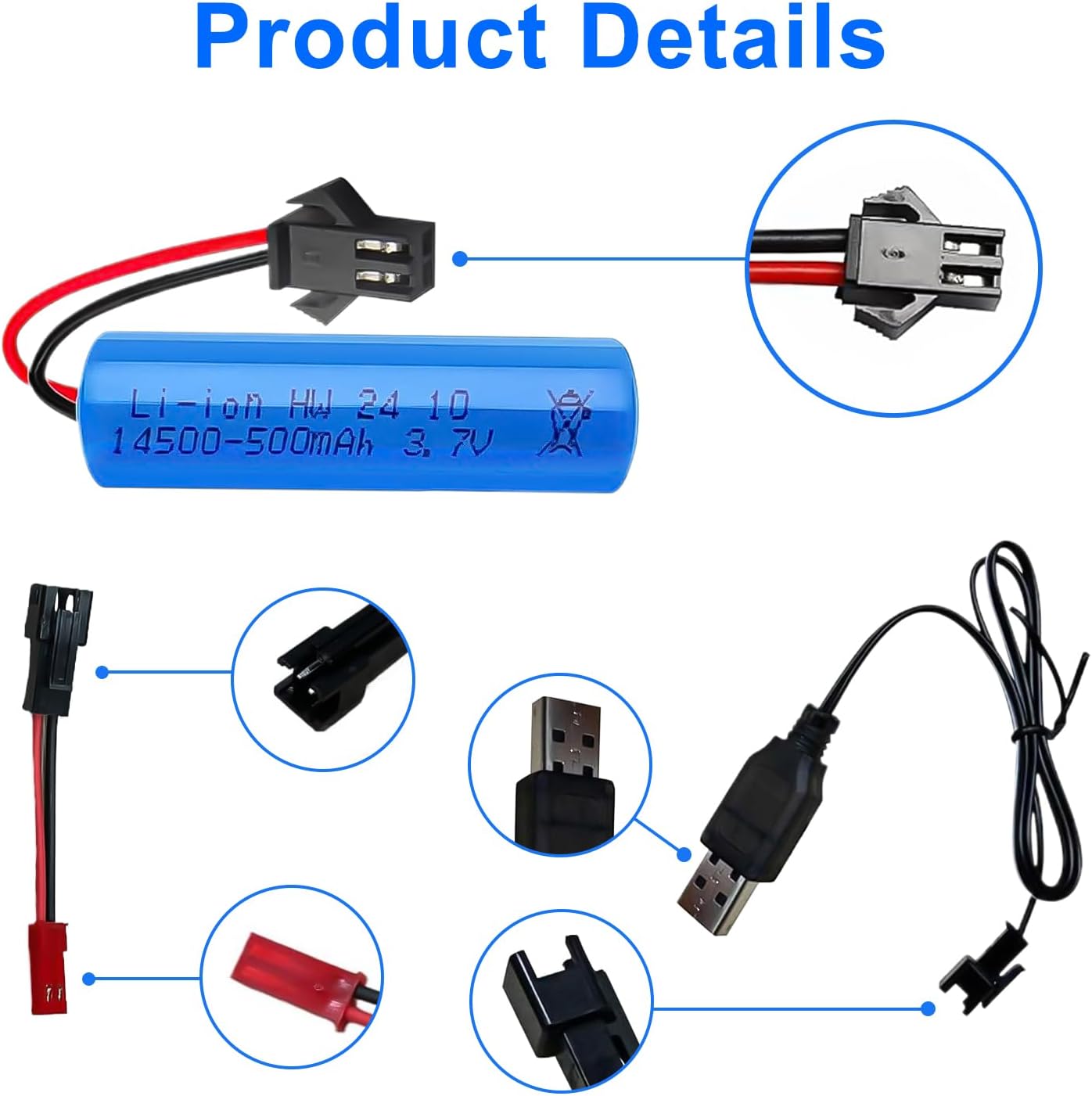 3.7V 500mAh USB Rechargeable Battery SM-2P Plug Replacement for RC Car E35 DE38 DE40 DE50 DE55 TB202 TM141 Toy Cars, Remote Control Cars Boat Vehicle Trucks, SM-JST Adapter