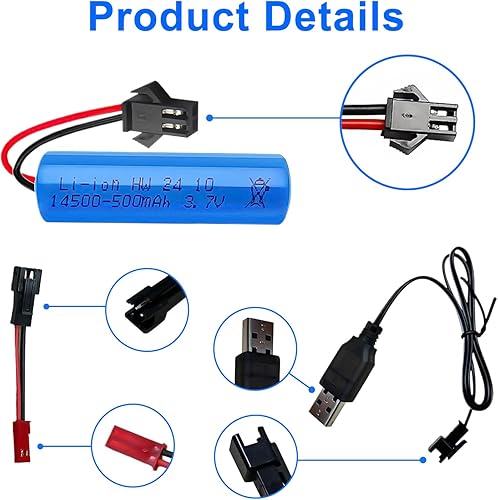 Miniatura 7 de Paquete de 2 baterías recargables SM-2P de 500 mAh 3.7 V con 2 cables de cargador de batería USB de repuesto para juguetes RC, control remoto,