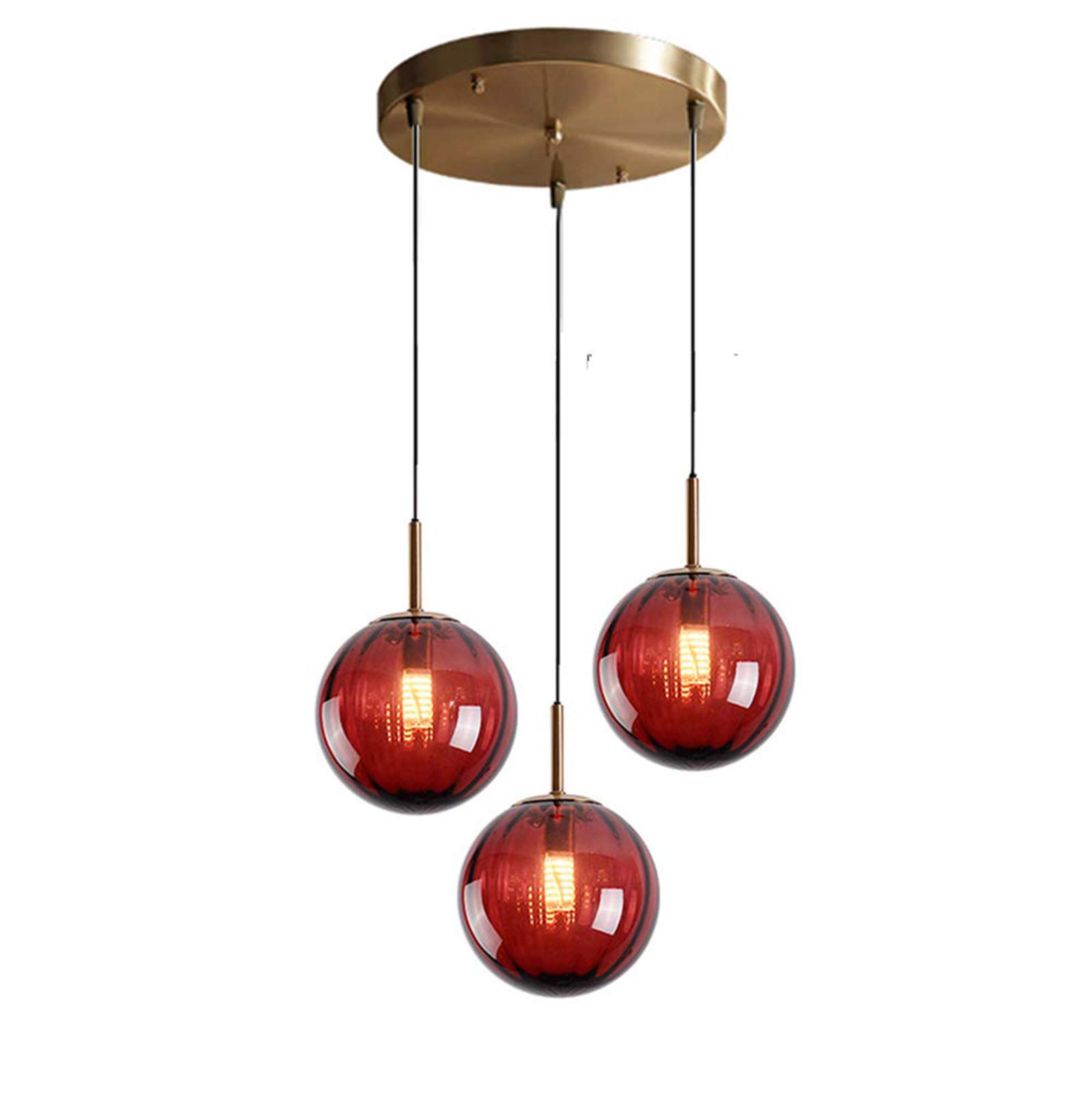 HELCEKOU Modern Nordic 3-Light Pendant Lamp - 15cm Glass Globe Ceiling Light Fixture, Simple E14 Hanging Chandelier, Stylish Loft Lighting (Red)