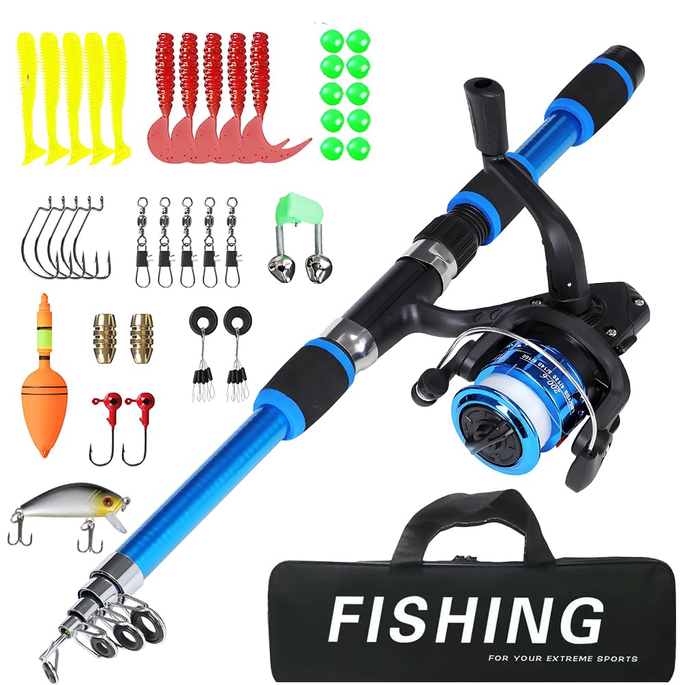 Kids Fishing Rod Starter Set, 45-180cm Telescopic Fishing Rod and Reel Set Includes Soft Lures Line Hooks Carrier Bag, Kids Fishing Rod Set Starter Kit for Girls Boys Youth