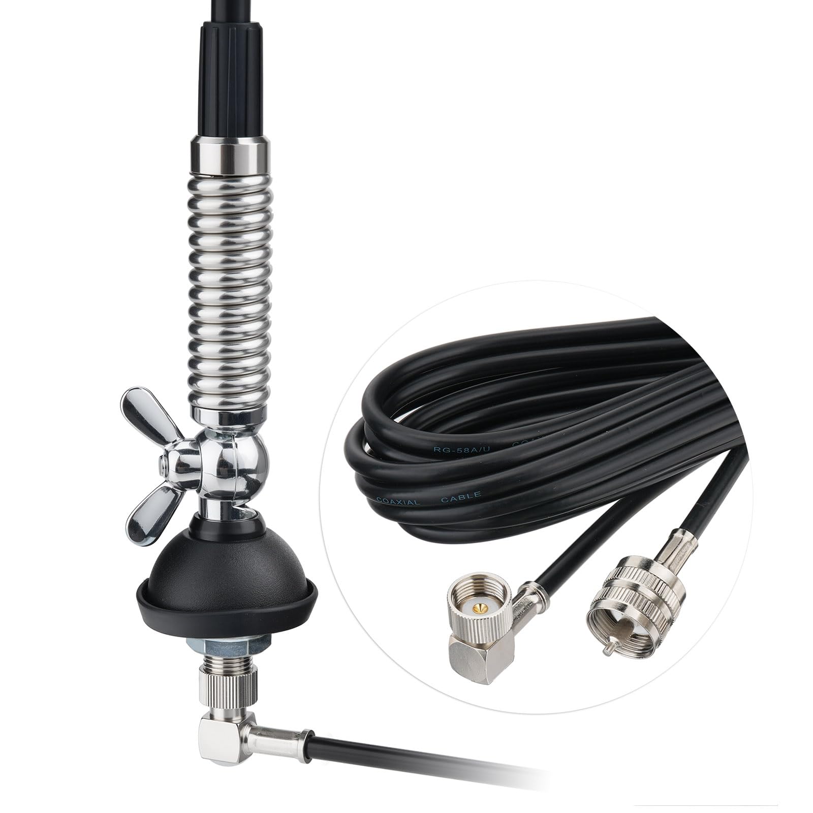 Bingfu Antenna CB in Fibra di Vetro 27 MHz Veicolare Maschio UHF PL259 65cm | Flessibile e Regolabile a 180°, Cavo RG58 4 m, per Radio CB Mobile Veicolare Camion Camper Auto SUV