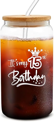 Miniatura 1 de BDANTUMBLER Vasos de vidrio de 16 onzas con tapas y pajitas de bambú, regalos de cumpleaños de niña de 15 años, ideas de decoración de regalo de