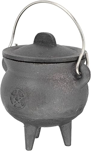 DOITOOL Caldero de hierro fundido con tapa y asa, caldero de bruja de Halloween, olla de bruja negra para manchar, quemar incienso, decoración de